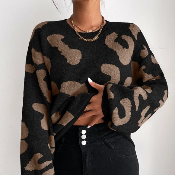 . Sweaters - Black Preppy Womens leopard Print Sweater